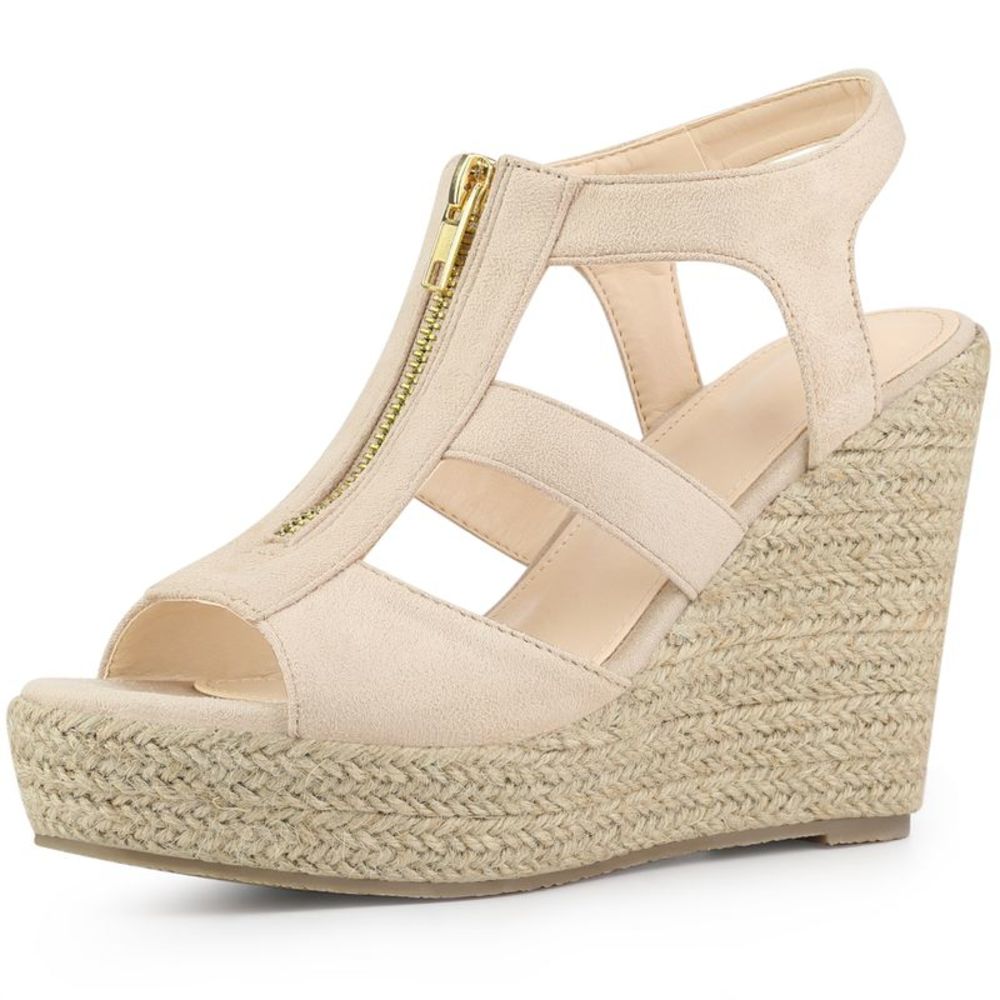 Women's Platform Heels Slingback Zipper Beige Wedge Sandals